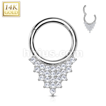 14KT  Gold 14K Gold Hinged Segment Hoop Ring with CZ Paved Triangle Plate - Image 3