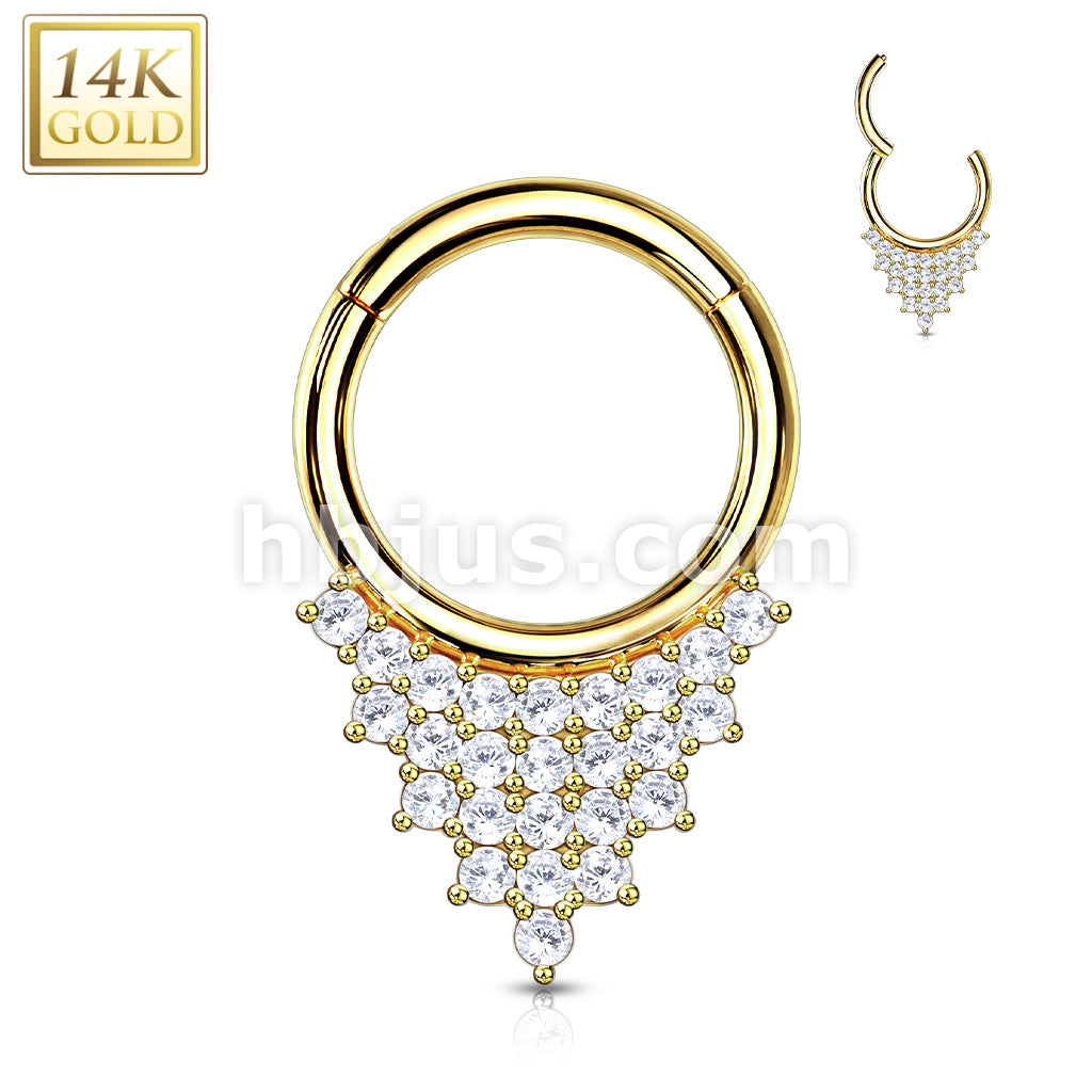 14KT  Gold 14K Gold Hinged Segment Hoop Ring with CZ Paved Triangle Plate - Image 4