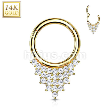 14KT  Gold 14K Gold Hinged Segment Hoop Ring with CZ Paved Triangle Plate - Image 4