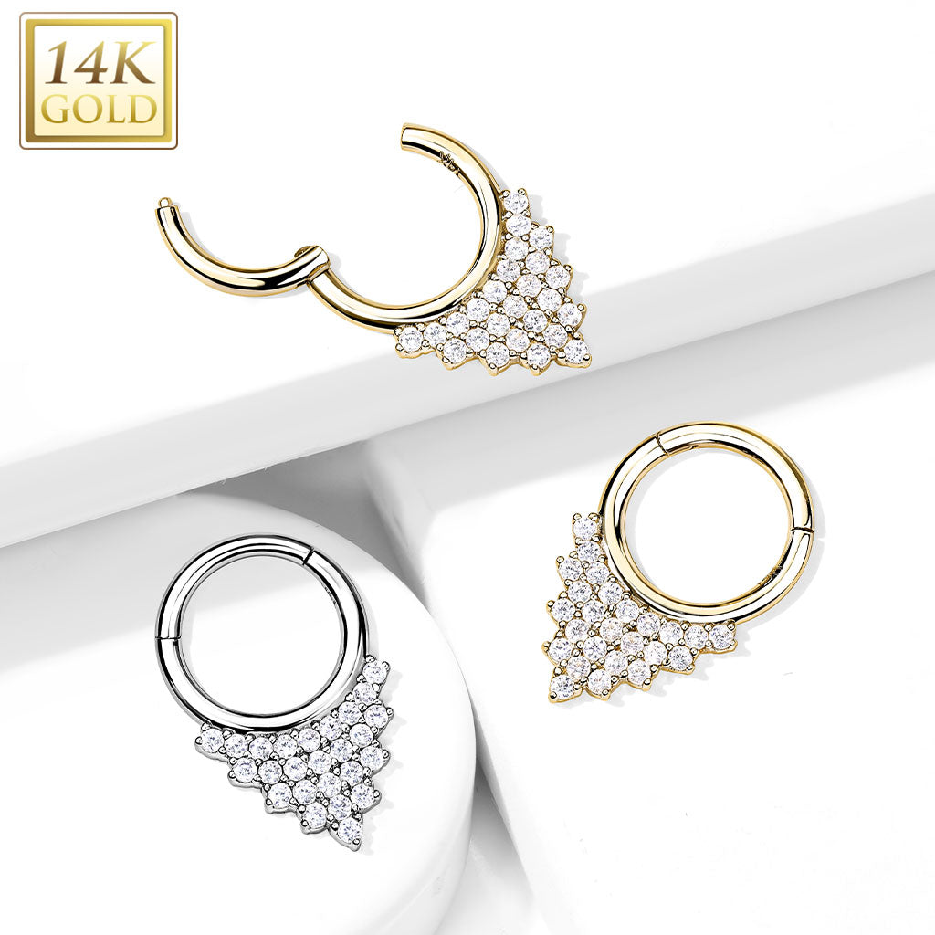14KT Gold 14K Gold Hinged Segment Hoop Ring with CZ Paved Triangle Plate