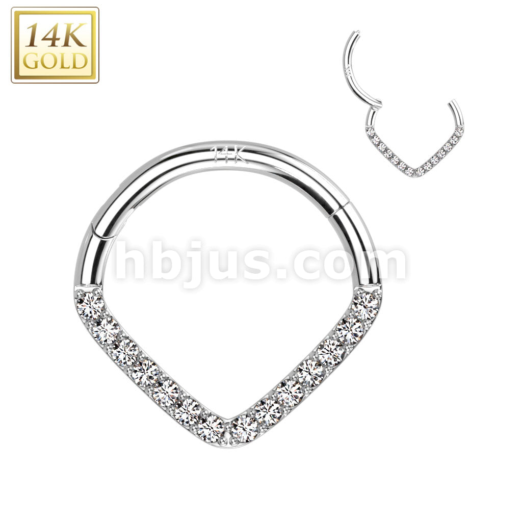 14KT  Gold 14K Gold Hinged Segment Hoop Ring with Single Line CZ Paved... - Image 3