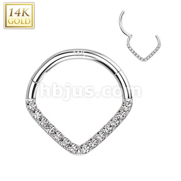 14KT  Gold 14K Gold Hinged Segment Hoop Ring with Single Line CZ Paved... - Image 3