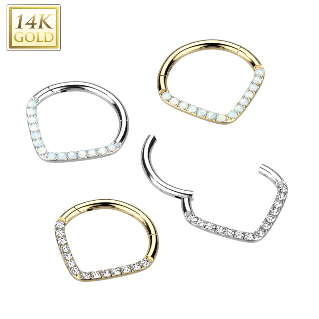 14KT Gold 14K Gold Hinged Segment Hoop Ring with Single Line CZ Paved...