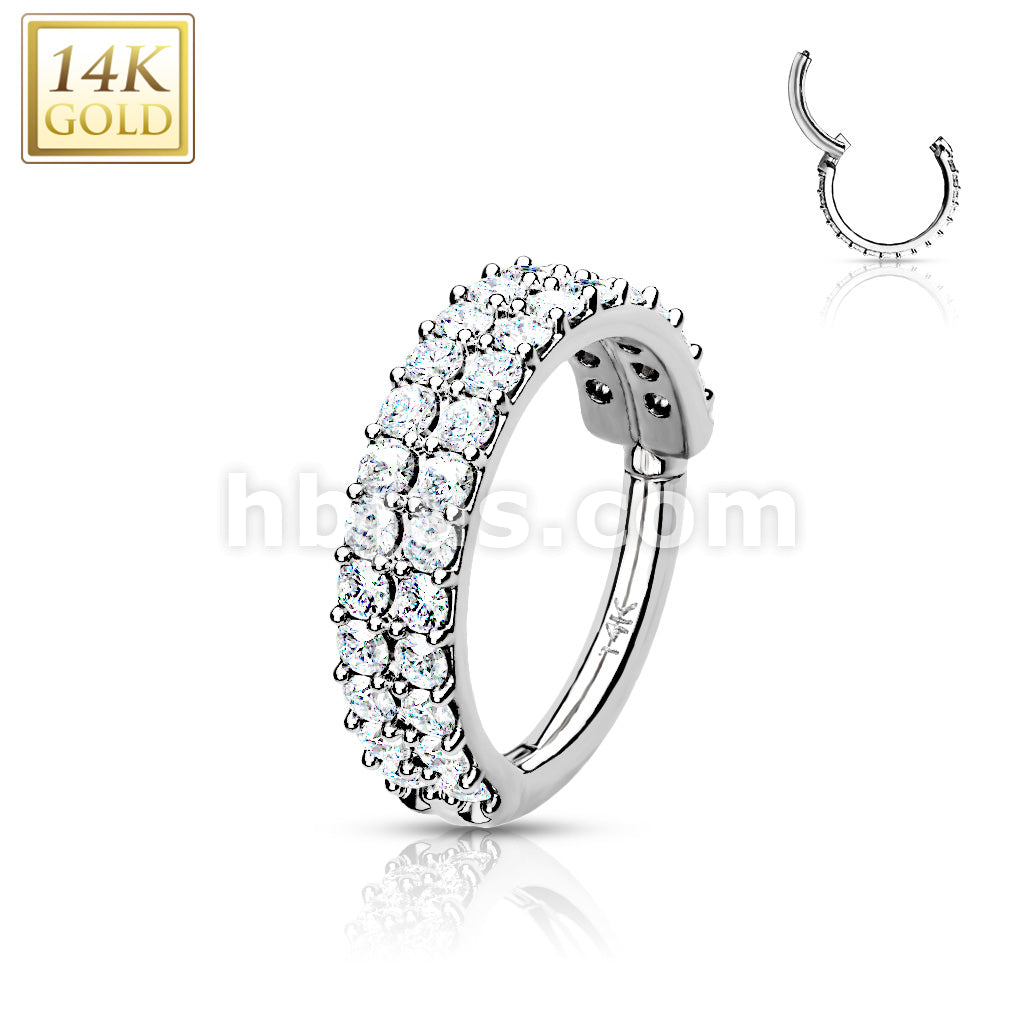 14KT  Gold 14K Gold Hinged Segment Hoop Ring with Double Line Paved CZ - Image 3