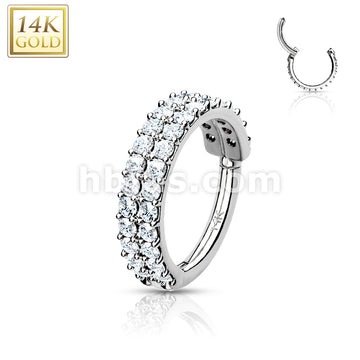 14KT  Gold 14K Gold Hinged Segment Hoop Ring with Double Line Paved CZ - Image 3