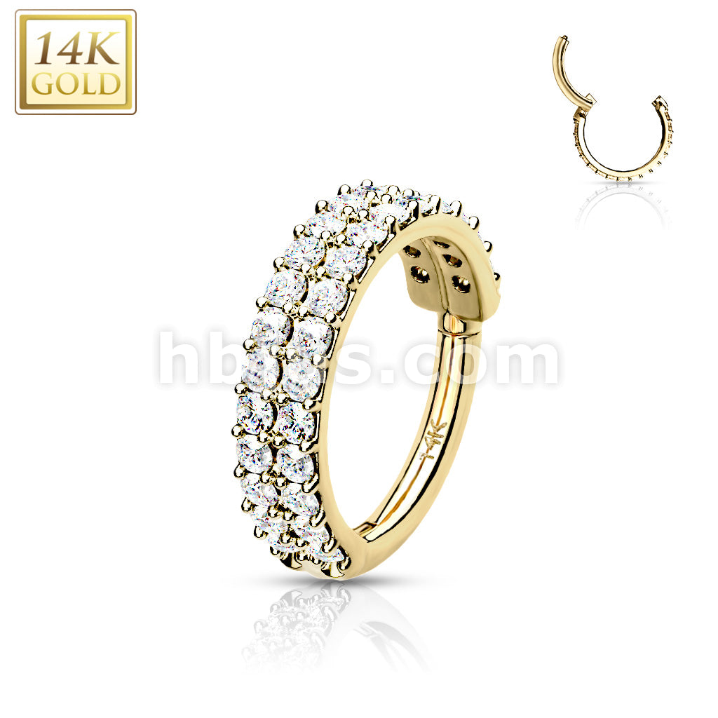14KT  Gold 14K Gold Hinged Segment Hoop Ring with Double Line Paved CZ - Image 4