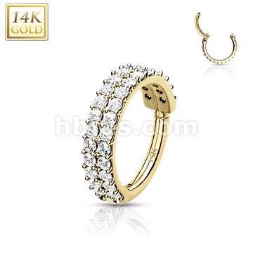 14KT  Gold 14K Gold Hinged Segment Hoop Ring with Double Line Paved CZ - Image 4