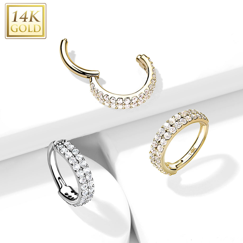 14KT Gold 14K Gold Hinged Segment Hoop Ring with Double Line Paved CZ