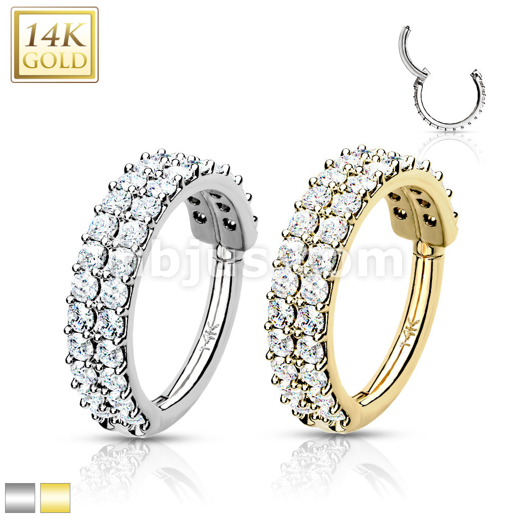 14KT  Gold 14K Gold Hinged Segment Hoop Ring with Double Line Paved CZ - Image 2