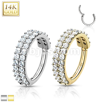 14KT  Gold 14K Gold Hinged Segment Hoop Ring with Double Line Paved CZ - Image 2