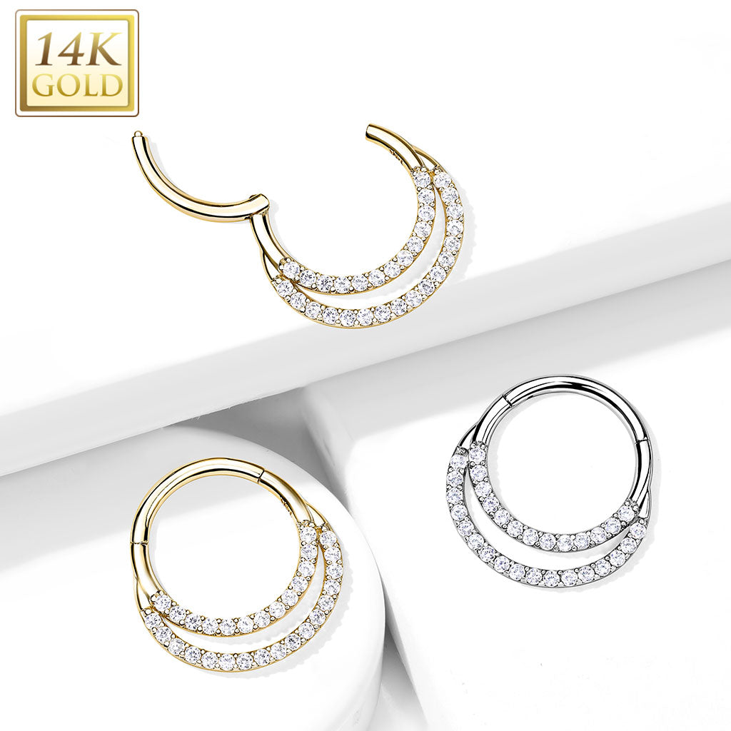 14KT Gold 14K Gold Hinged Segment Hoop Ring with Front Facing Double...