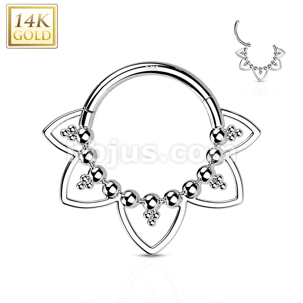 14KT  Gold 14K Gold Hinged Segment Hoop Ring with Beads and Heart Filigree - Image 3