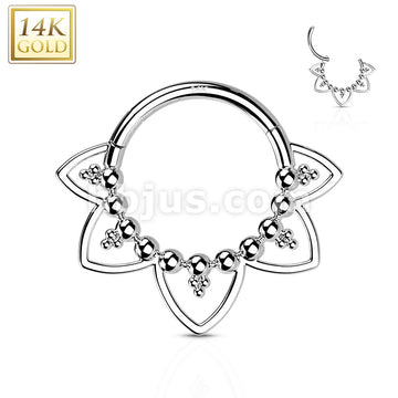 14KT  Gold 14K Gold Hinged Segment Hoop Ring with Beads and Heart Filigree - Image 3