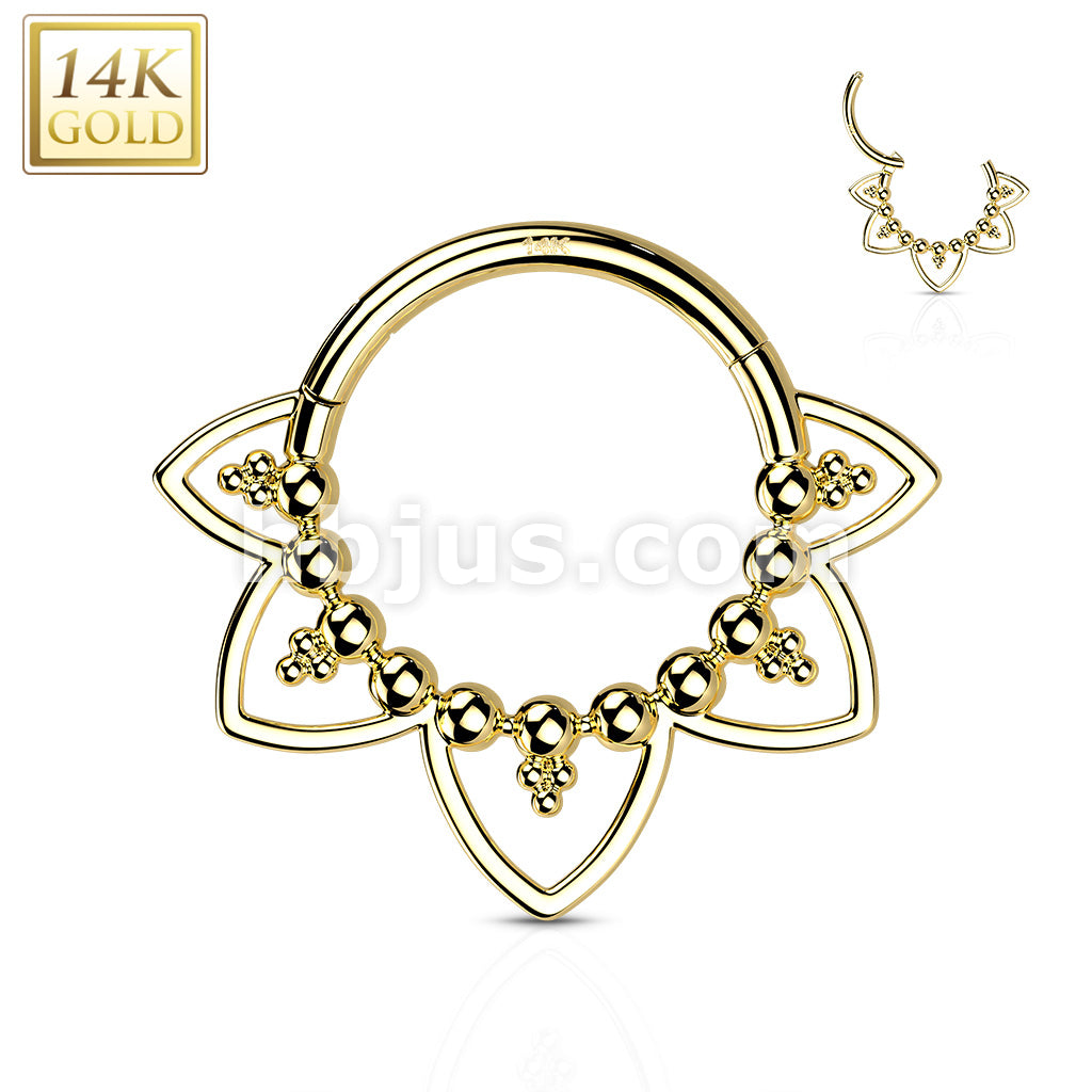 14K Gold Hinged Segment Hoop Ring with Beads and Heart Filigree - Image 4