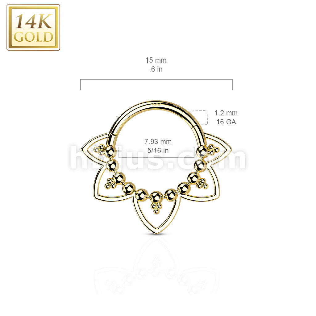 14KT  Gold 14K Gold Hinged Segment Hoop Ring with Beads and Heart Filigree - Image 5