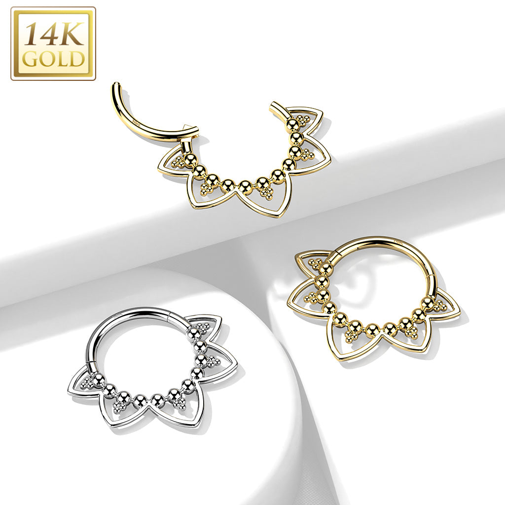 14K Gold Hinged Segment Hoop Ring with Beads and Heart Filigree