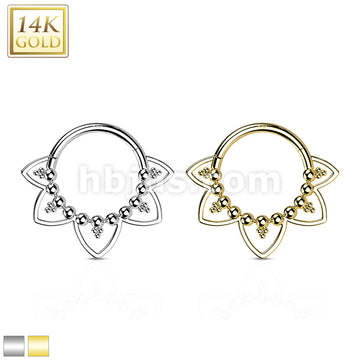 14KT  Gold 14K Gold Hinged Segment Hoop Ring with Beads and Heart Filigree - Image 2