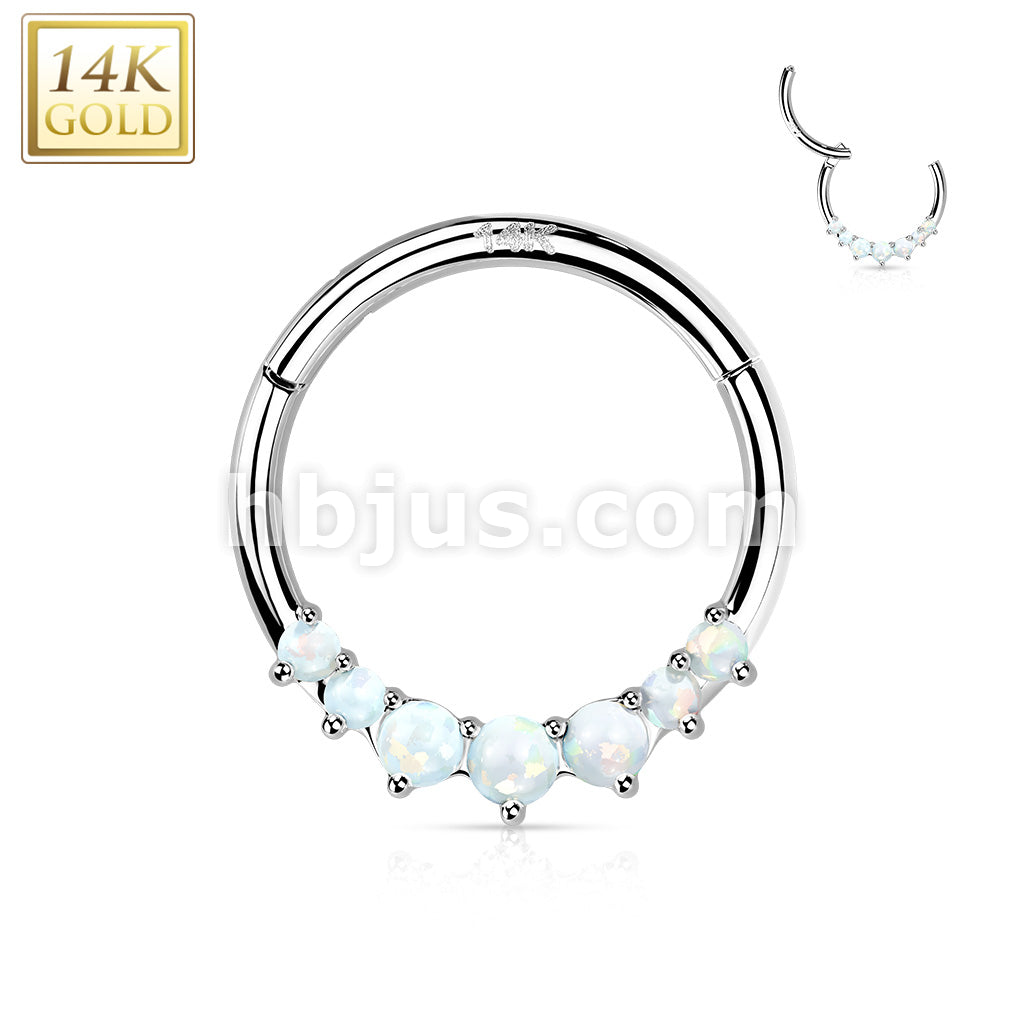 14KT  Gold 14K Gold Front Facing 7 Opal or 7 CZ Hinged Segment Hoop Ring - Image 3