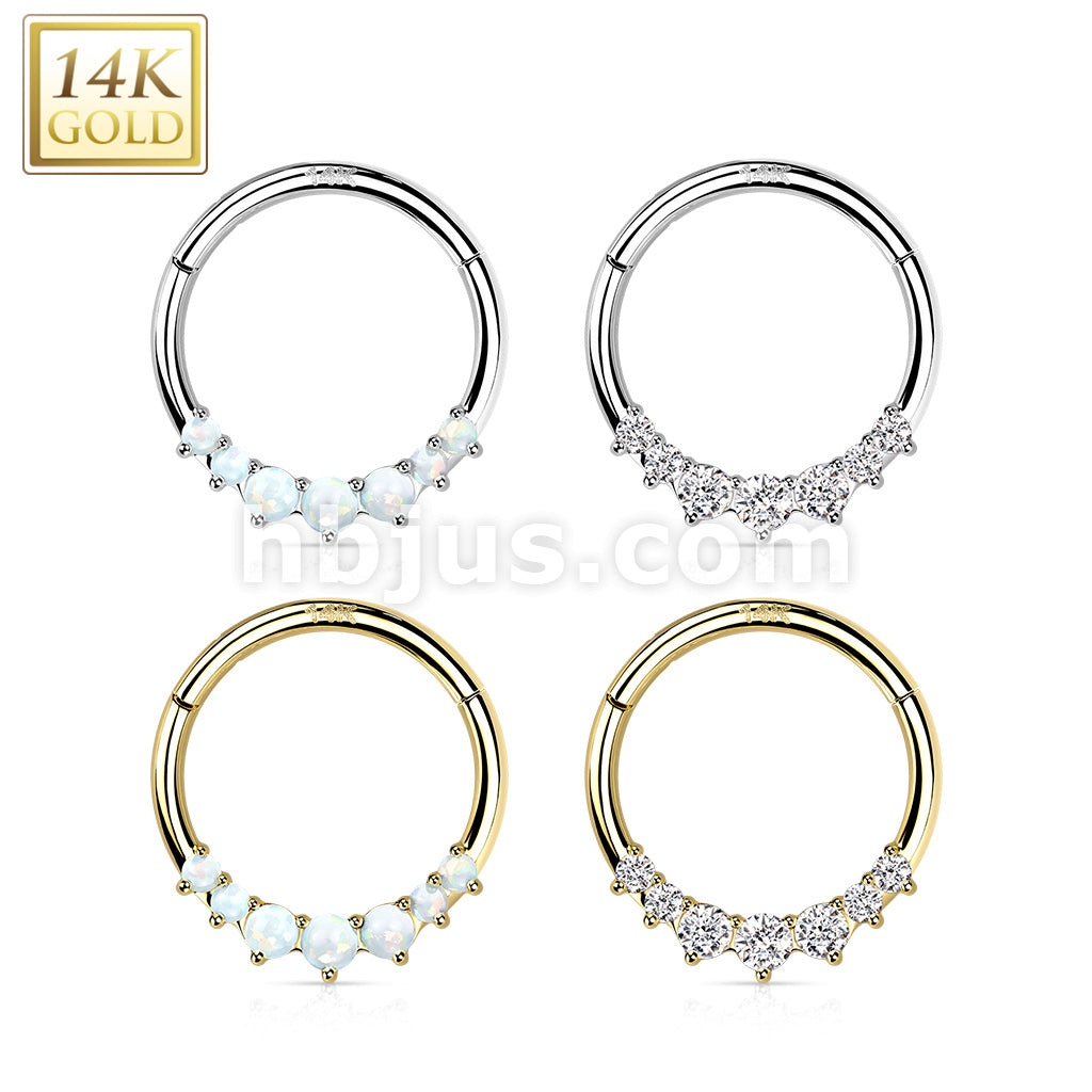 14KT  Gold 14K Gold Front Facing 7 Opal or 7 CZ Hinged Segment Hoop Ring - Image 8