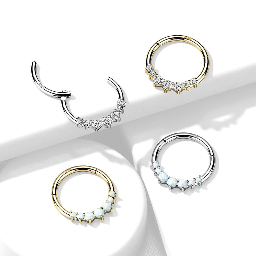 14KT Gold 14K Gold Front Facing 7 Opal or 7 CZ Hinged Segment Hoop Ring