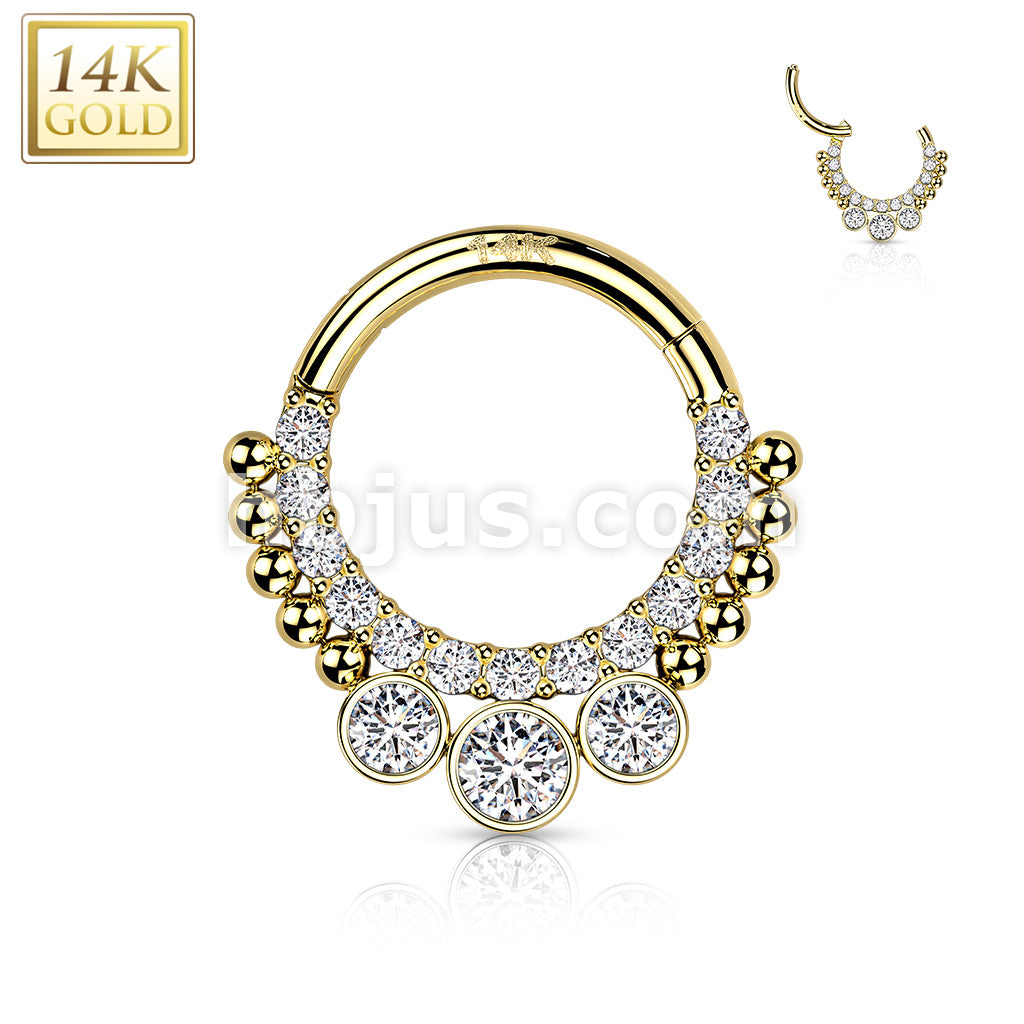14K Gold Hinged Segment Hoop Rings with CNC Set CZ Paved Front and 3 Bezel Set CZ - Image 4