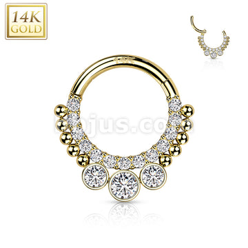 14K Gold Hinged Segment Hoop Rings with CNC Set CZ Paved Front and 3 Bezel Set CZ - Image 4