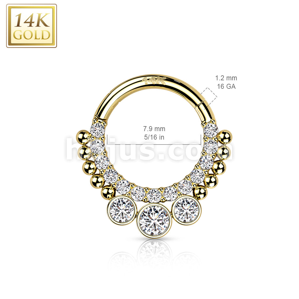 14K Gold Hinged Segment Hoop Rings with CNC Set CZ Paved Front and 3 Bezel Set CZ - Image 5