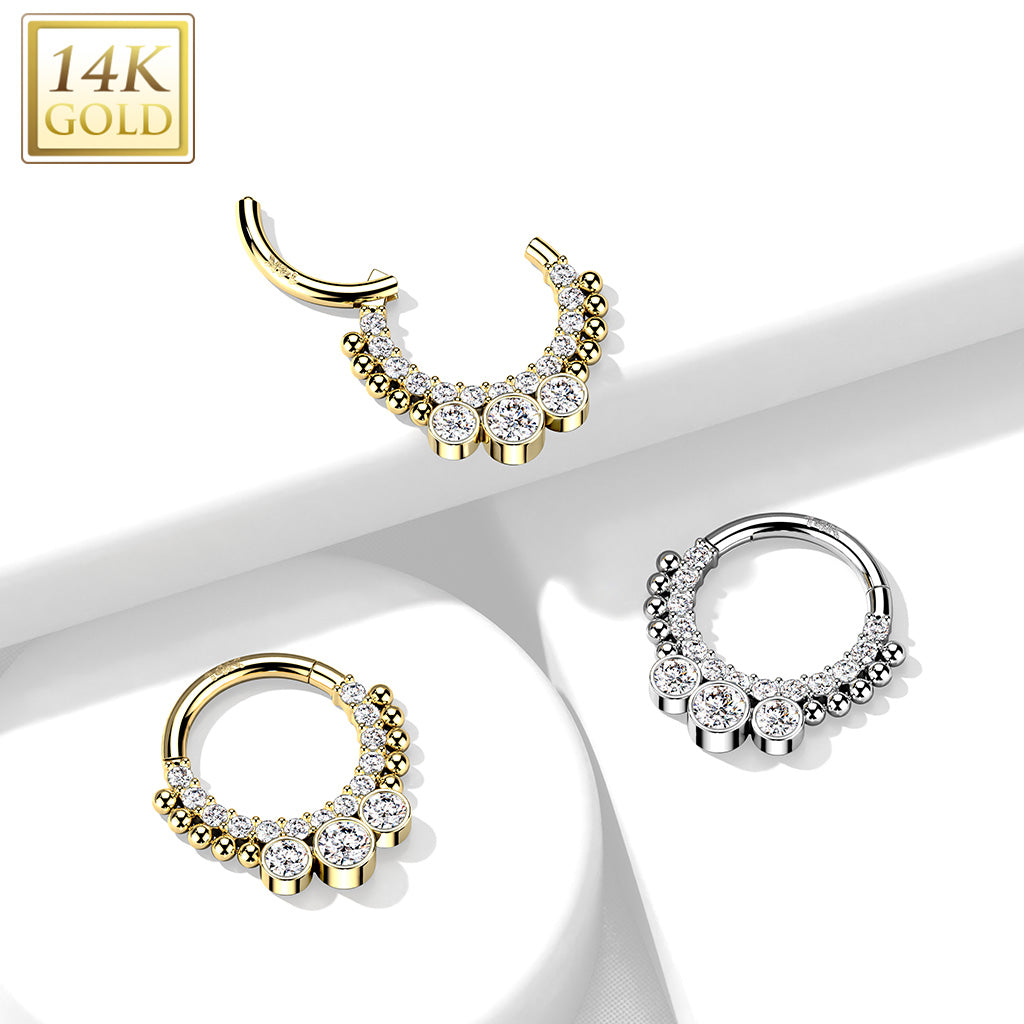 14K Gold Hinged Segment Hoop Rings with CNC Set CZ Paved Front and 3 Bezel Set CZ