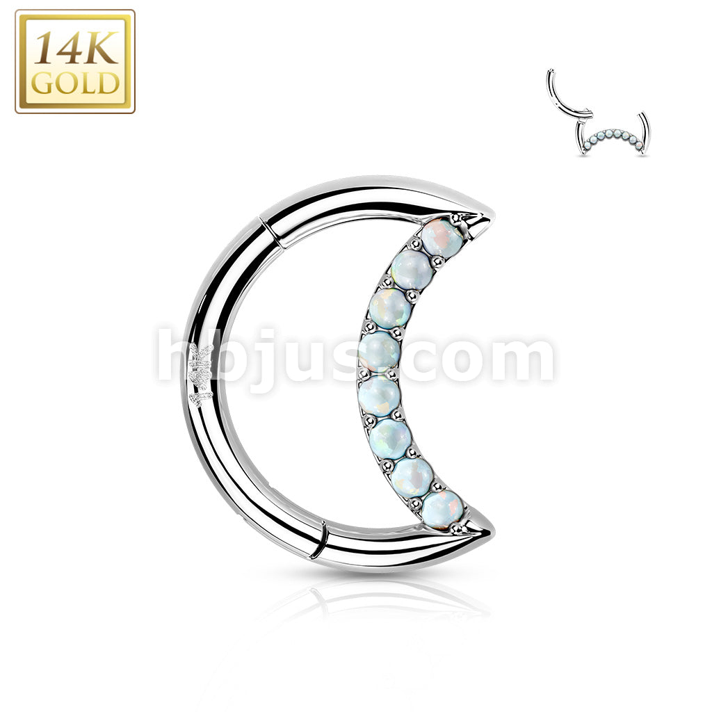 14KT  Gold 14K Gold Hinged Segment Hoop Ring With Opal or CZ Paved Crescent - Image 3