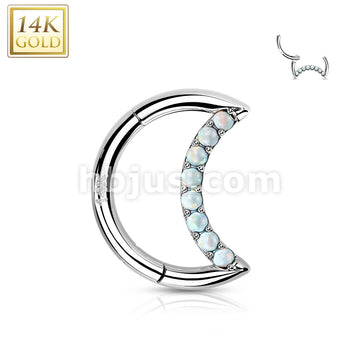 14KT  Gold 14K Gold Hinged Segment Hoop Ring With Opal or CZ Paved Crescent - Image 3