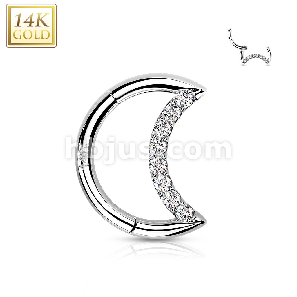 14K Gold Hinged Segment Hoop Ring With Opal or CZ Paved Crescent - Image 4