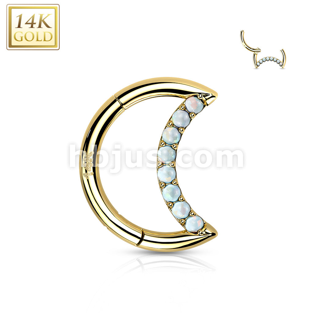 14KT  Gold 14K Gold Hinged Segment Hoop Ring With Opal or CZ Paved Crescent - Image 5
