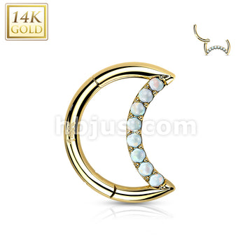 14KT  Gold 14K Gold Hinged Segment Hoop Ring With Opal or CZ Paved Crescent - Image 5