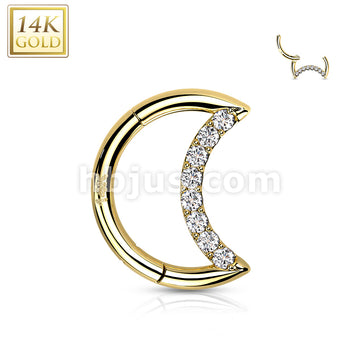 14K Gold Hinged Segment Hoop Ring With Opal or CZ Paved Crescent - Image 6