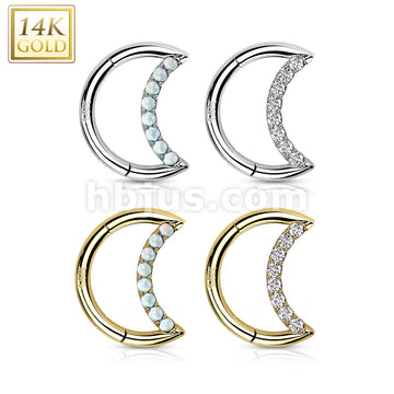 14KT  Gold 14K Gold Hinged Segment Hoop Ring With Opal or CZ Paved Crescent - Image 8
