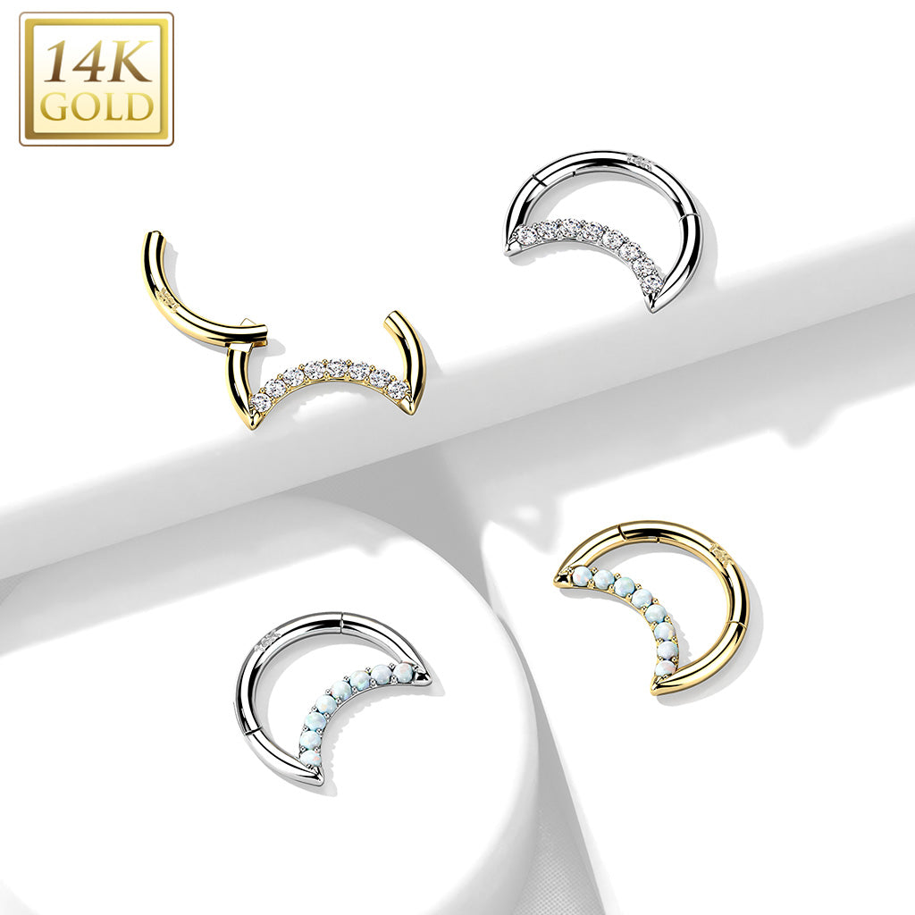 14K Gold Hinged Segment Hoop Ring With Opal or CZ Paved Crescent