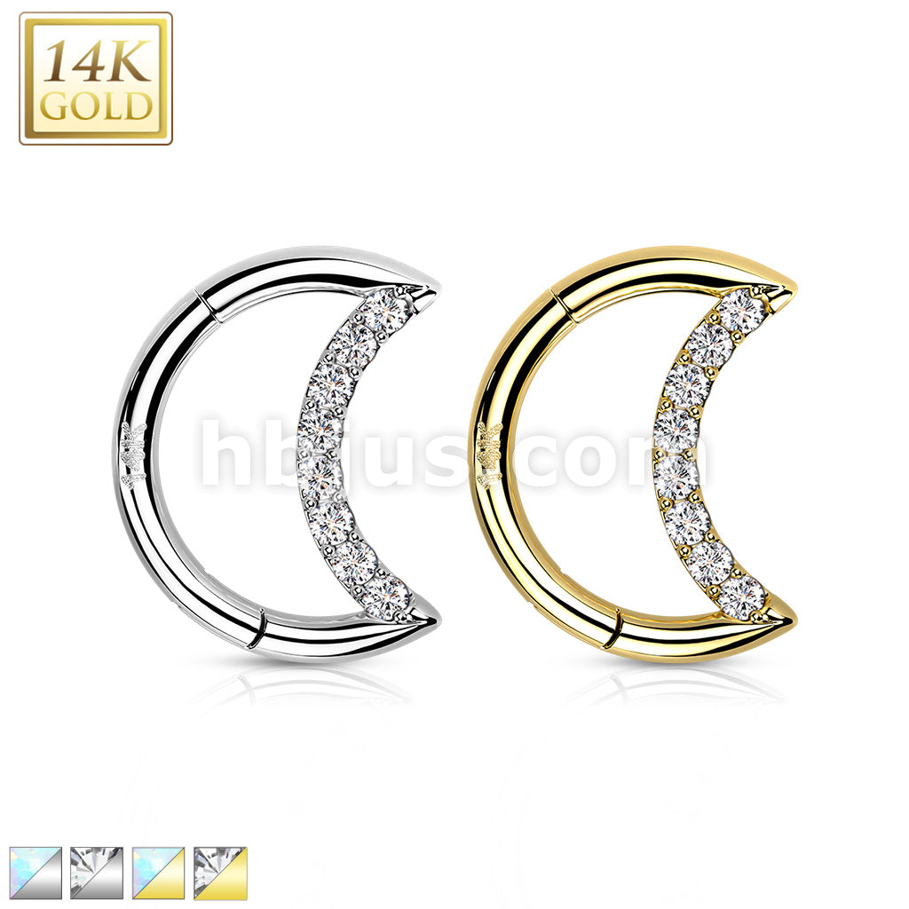 14KT  Gold 14K Gold Hinged Segment Hoop Ring With Opal or CZ Paved Crescent - Image 2
