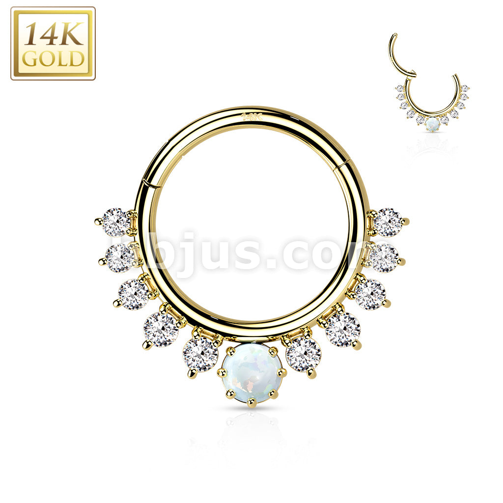 14K Gold Hinged Segment Hoop Ring with Front Facing Single Lined CZ and Opal Center - Image 4