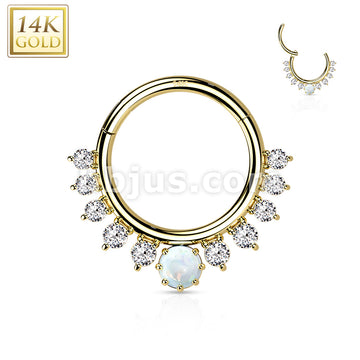 14K Gold Hinged Segment Hoop Ring with Front Facing Single Lined CZ and Opal Center - Image 4