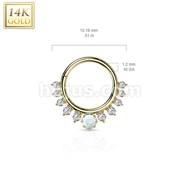 14K Gold Hinged Segment Hoop Ring with Front Facing Single Lined CZ and Opal Center - Image 5