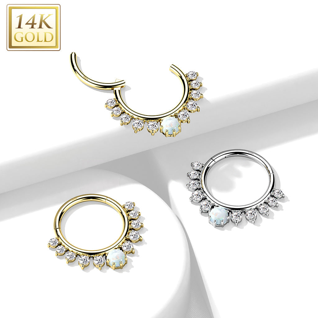 14K Gold Hinged Segment Hoop Ring with Front Facing Single Lined CZ and Opal Center