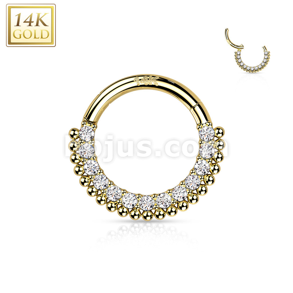 14KT  Gold 14K Gold Hinged Segment Hoop Rings with Lined CZ and Balls - Image 4