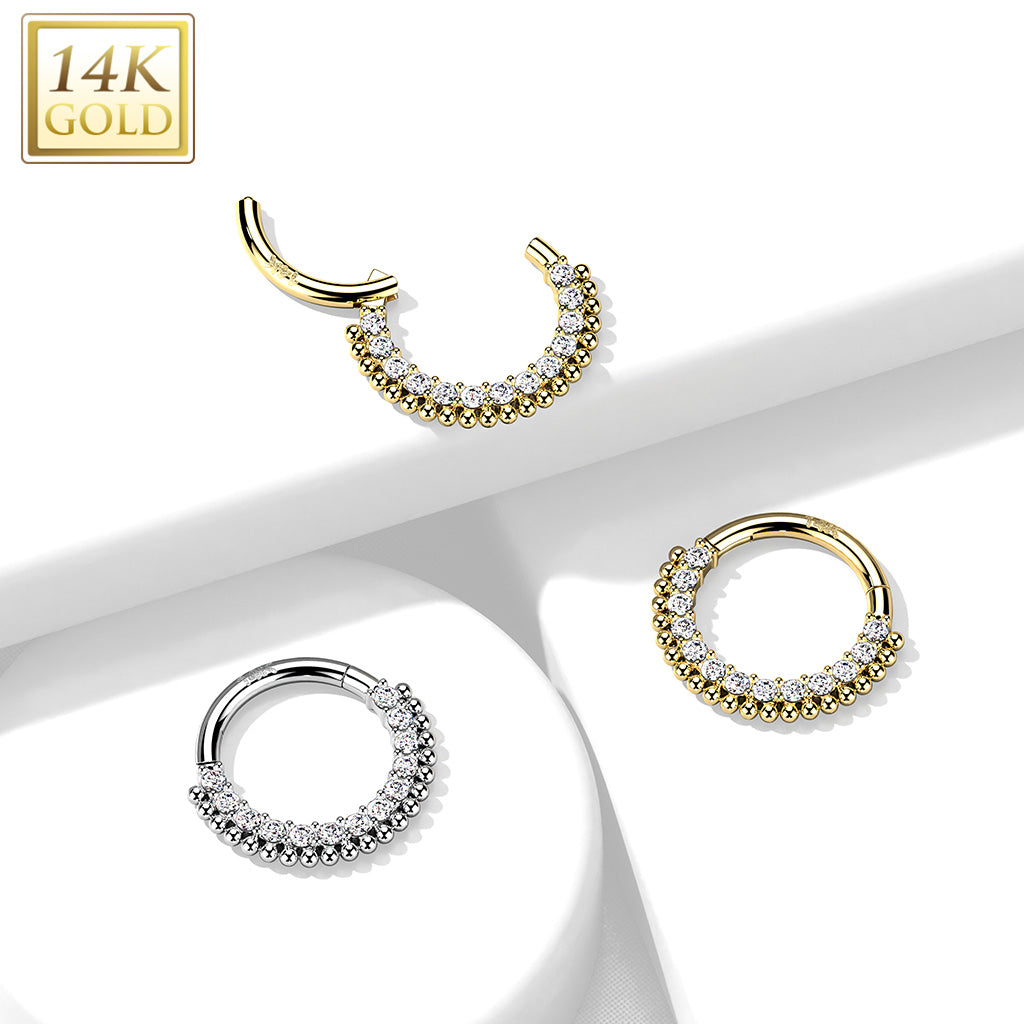 14K Gold Hinged Segment Hoop Rings with Lined CZ and Balls