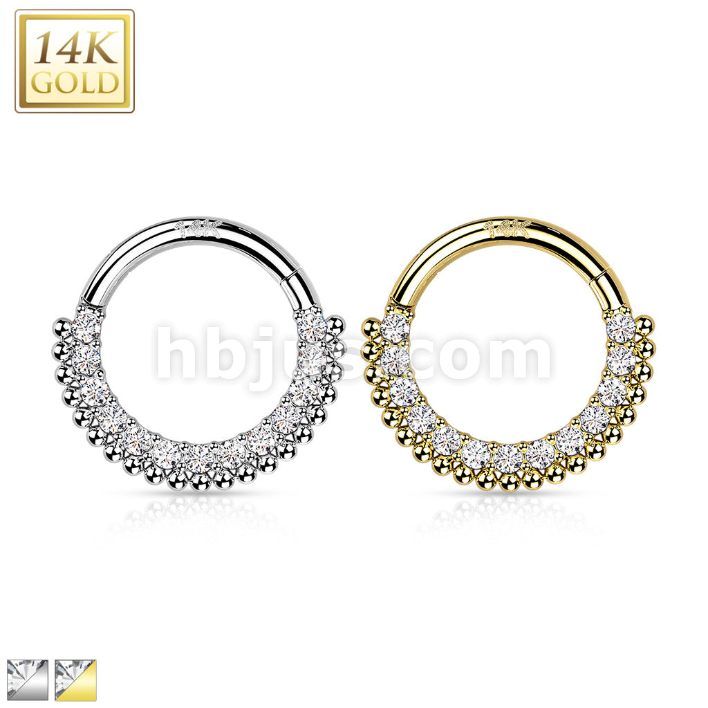 14KT  Gold 14K Gold Hinged Segment Hoop Rings with Lined CZ and Balls - Image 2