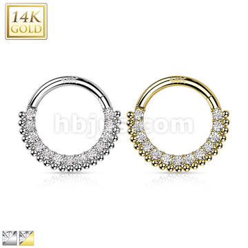 14KT  Gold 14K Gold Hinged Segment Hoop Rings with Lined CZ and Balls - Image 2