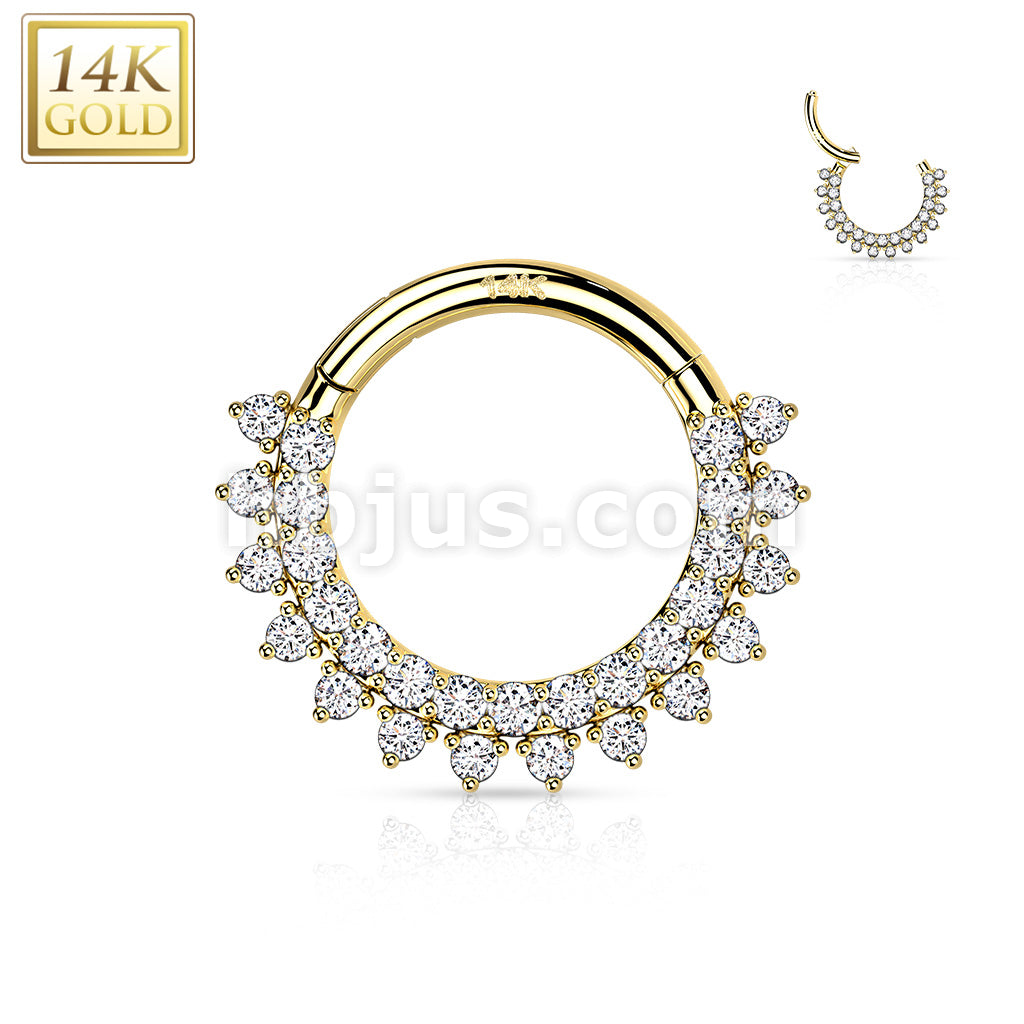 14K Gold Hinged Segment Hoop Rings with Forward Facing Double Lined CZ Set - Image 4