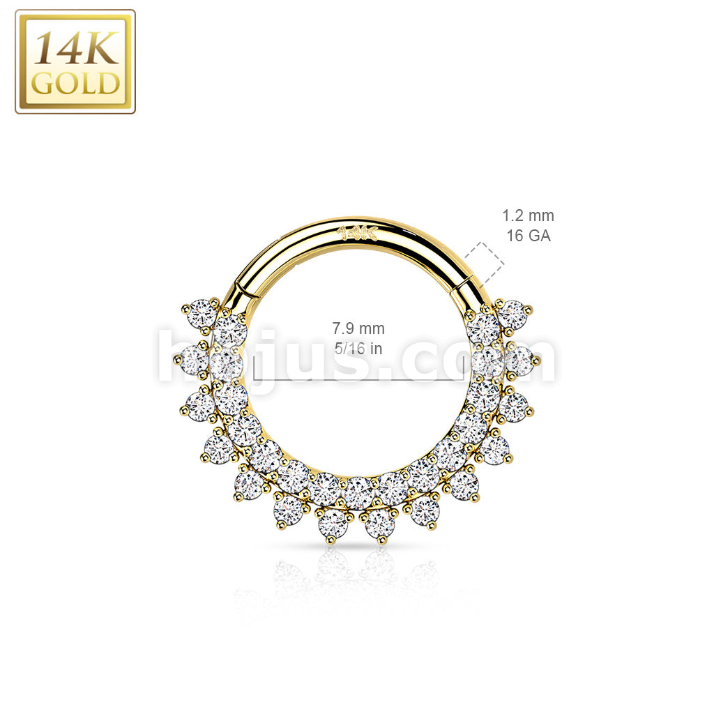 14K Gold Hinged Segment Hoop Rings with Forward Facing Double Lined CZ Set - Image 5