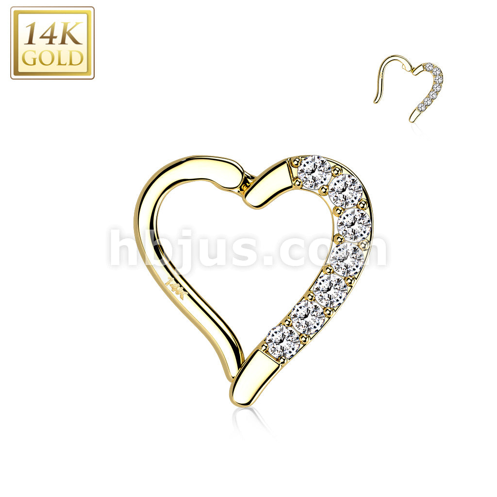 14K Gold CZ Paved Heart Hinge Hoops - Image 4