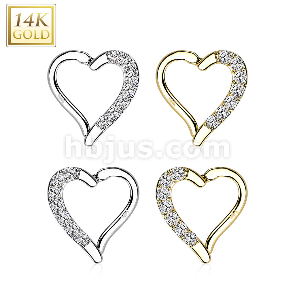 14KT  Gold 14K Gold CZ Paved Heart Hinge Hoops - Image 8