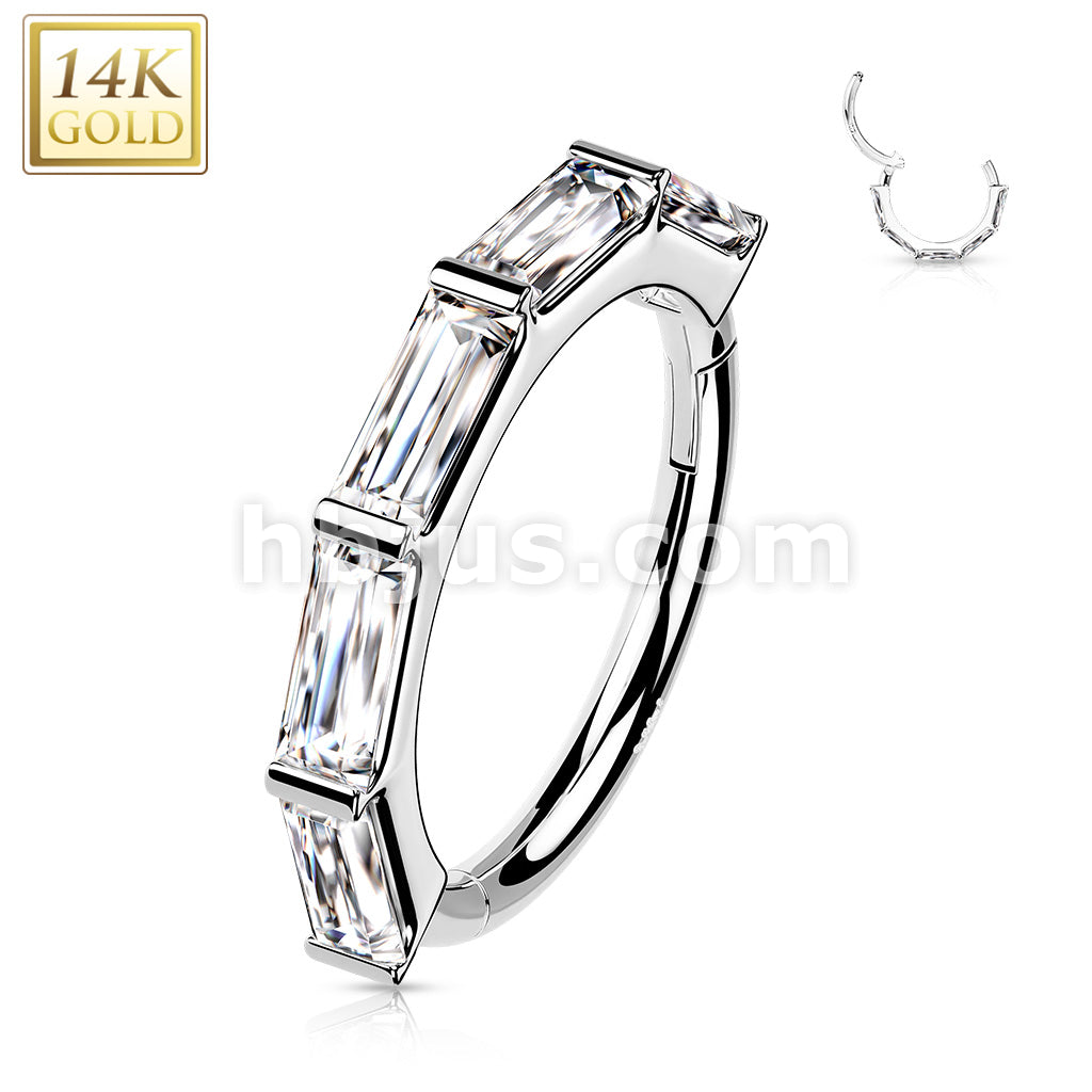 14KT  Gold 14K Gold Hinged Segment Hoop Ring Lined with Baguette CZ - Image 3